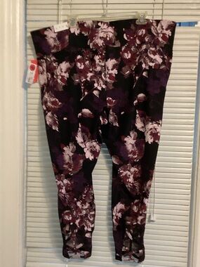 Lane Bryant Black Floral Print Leggings with Burgundy and Purple Accents